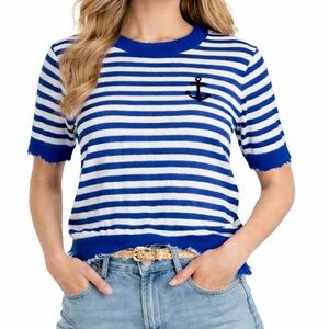 Minnie Rose Nautical Stripe Raw Edge Knit Tee Blue White Size Large NWT